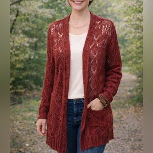 Lucky Brand Burgundy Women's Long Lacy Knit Duster Cardigan